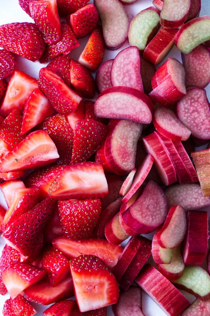 Freshly sliced strawberries and rhubarb.