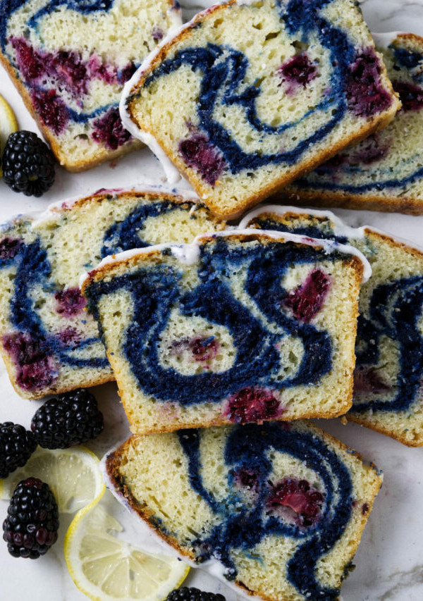 Slices of sweet bread swirled with blackberry ripples.