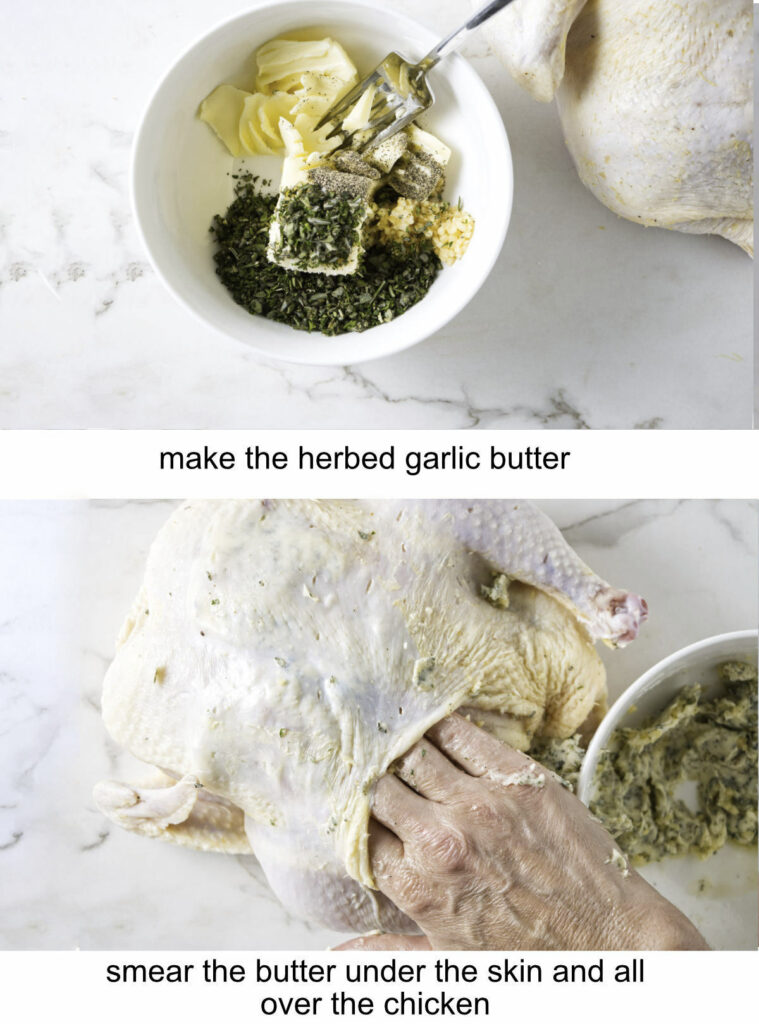 Making garlic herb butter and rubbing the butter on a chicken.