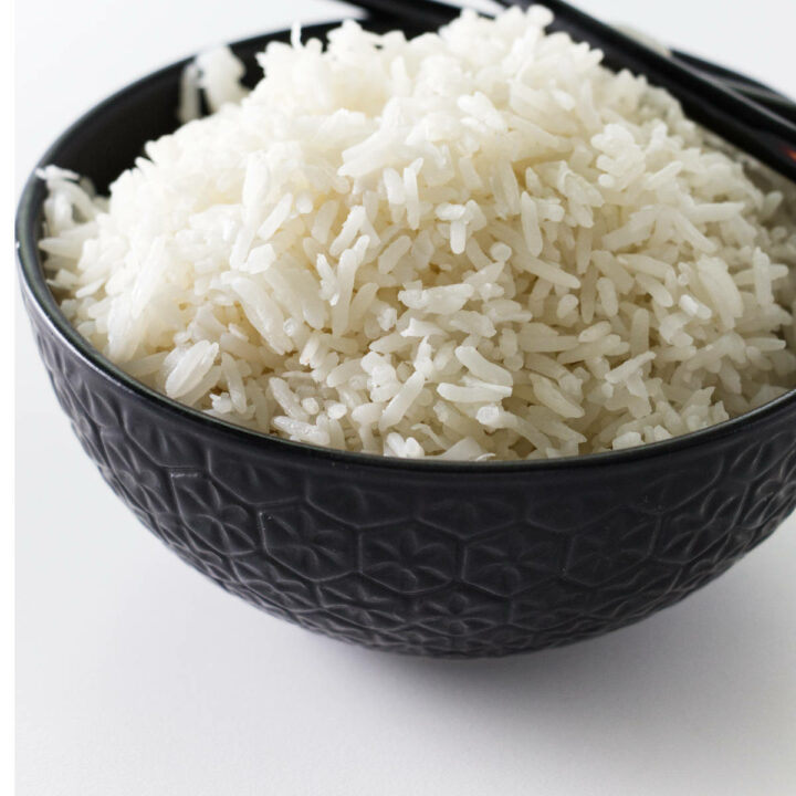 Close up view of a dish of coconut rice