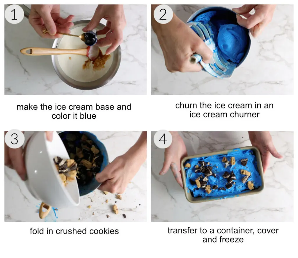 Making an ice cream base, churning it, then folding in crushed cookies.