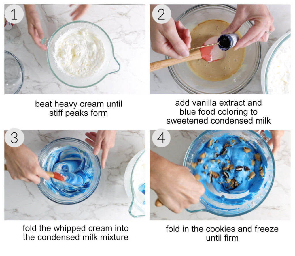 Whipping cream to stiff peaks. Coloring sweetened condensed milk blue then folding it into the whipped cream and adding cookies.