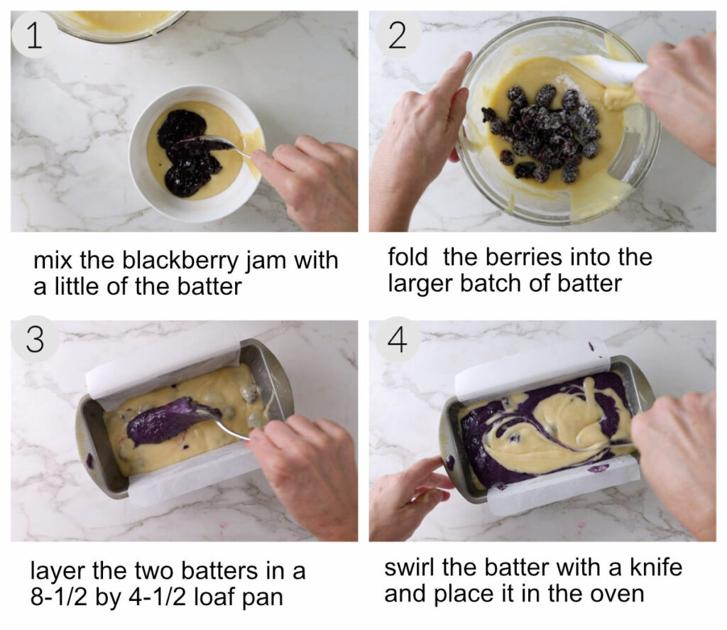Process steps showing how to make blackberry swirls in cake batter.