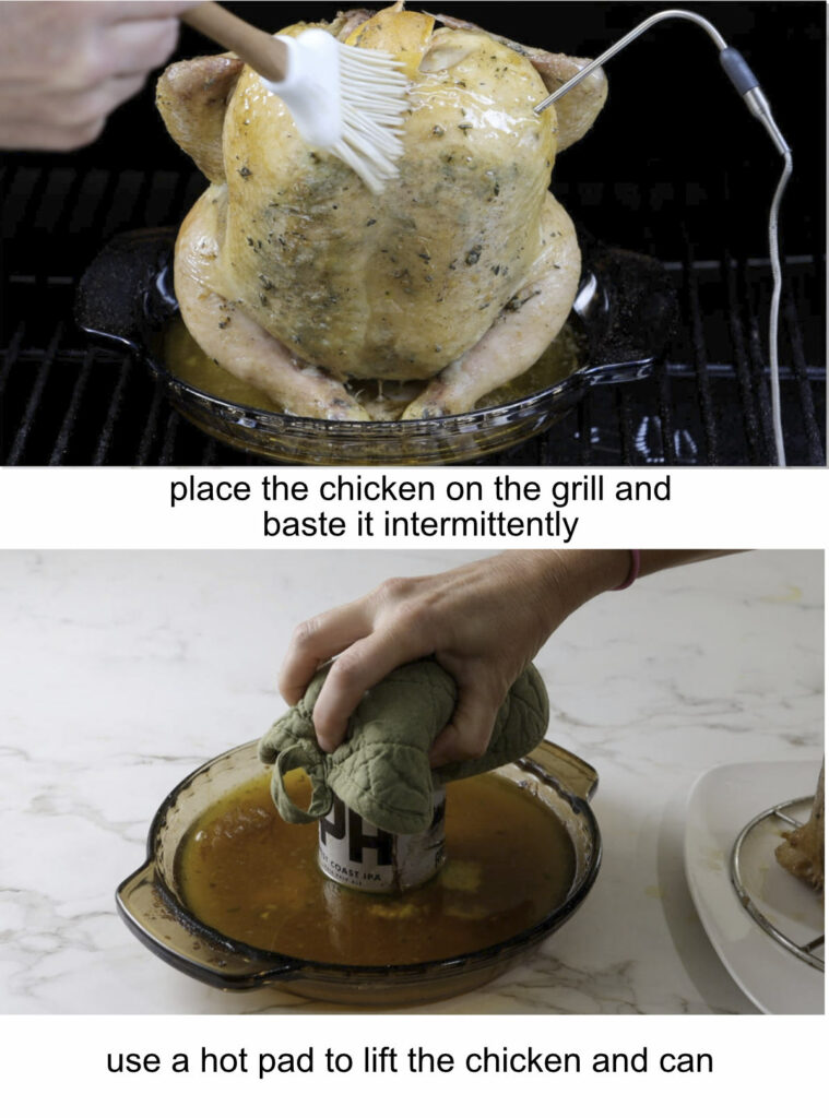 Two photos showing how to baste chicken in a Traeger and removing it from a beer can.