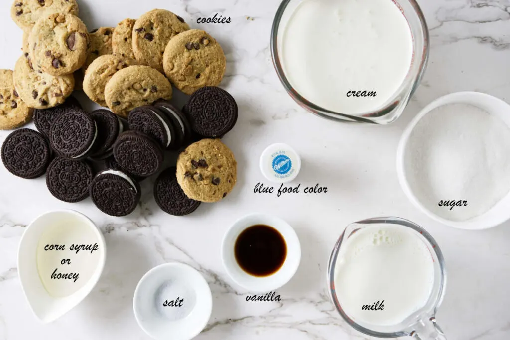 Ingredients used to make churn style Cookie Monster ice cream.