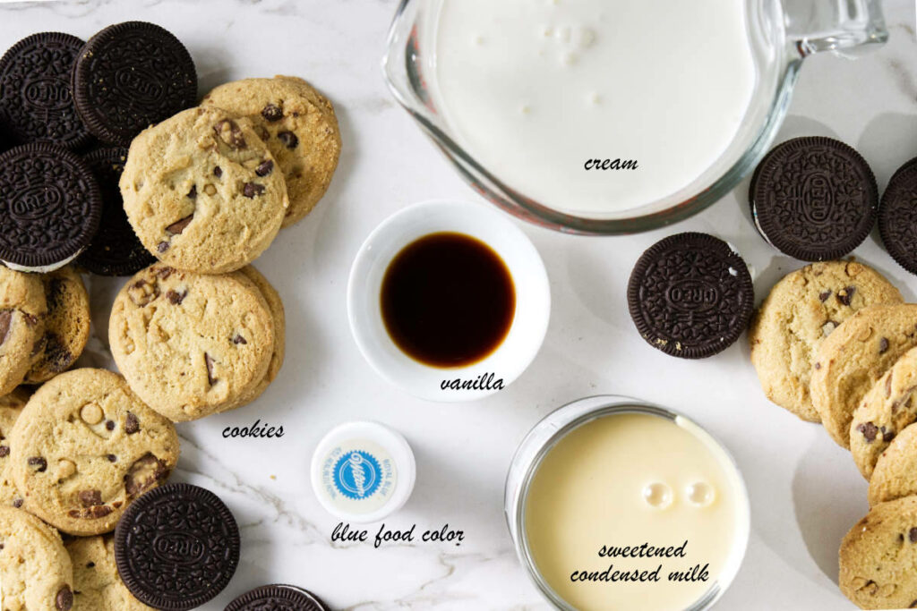 Ingredients used to make no-churn Cookie Monster ice cream.