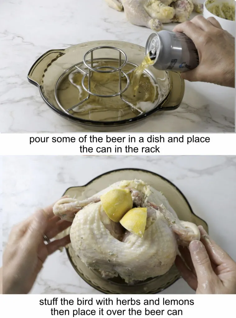 Pouring beer in a dish and sliding a chicken over a beer can.