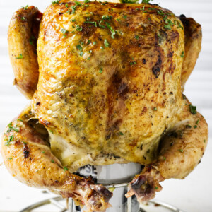 A whole chicken on a beer can.