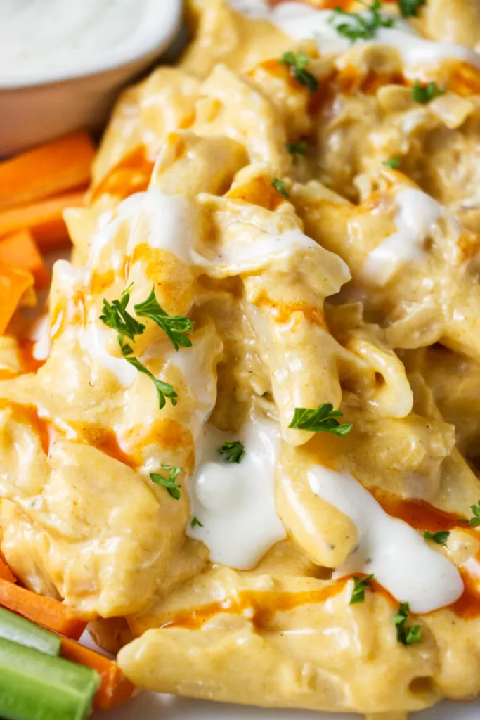 Penne pasta smothered in creamy sauce.
