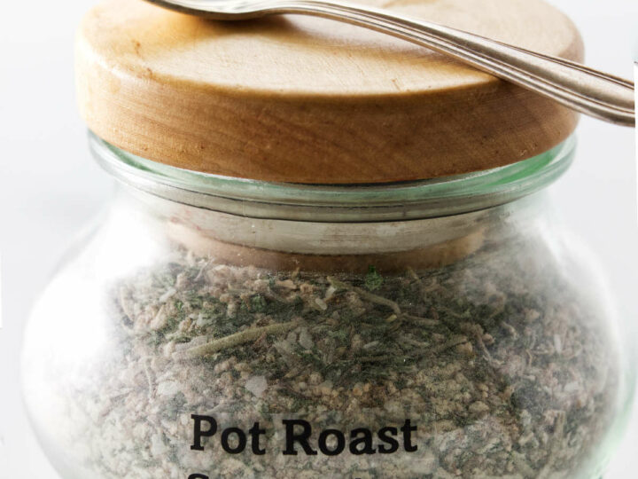 Glass container with pot roast seasoning
