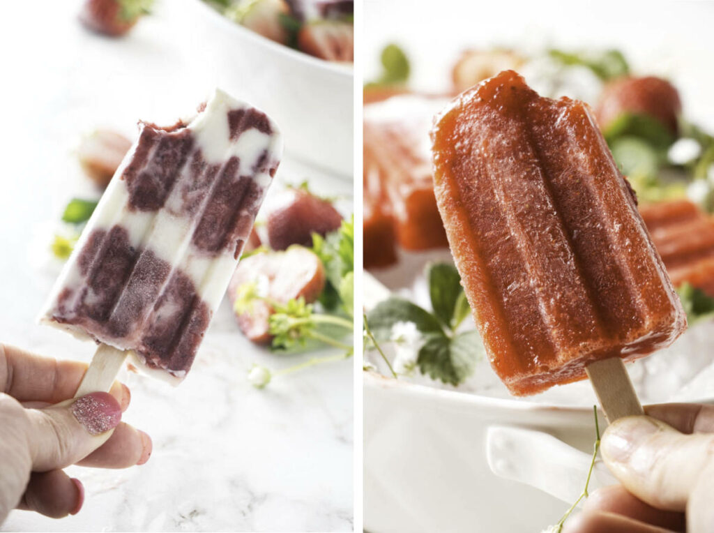 Two versions of strawberry popsicles.