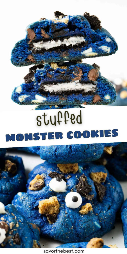 A collage of stuffed monster cookies for pinterest.