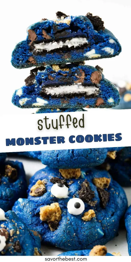 A collage of stuffed monster cookies for pinterest.