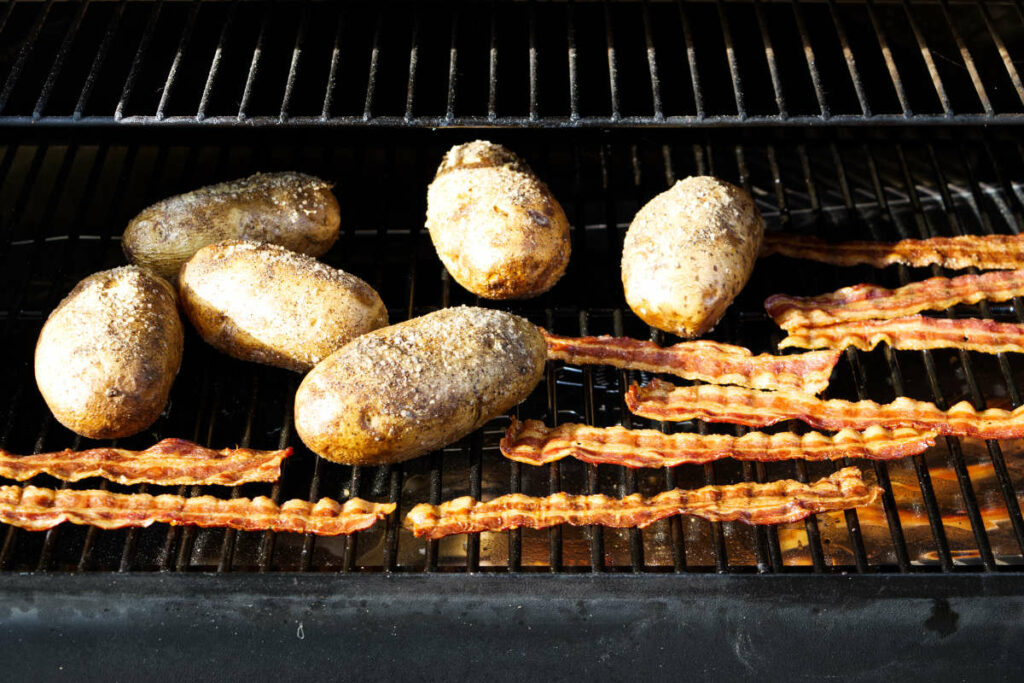 Salt crusted potatoes and bacon on a pellet grill.