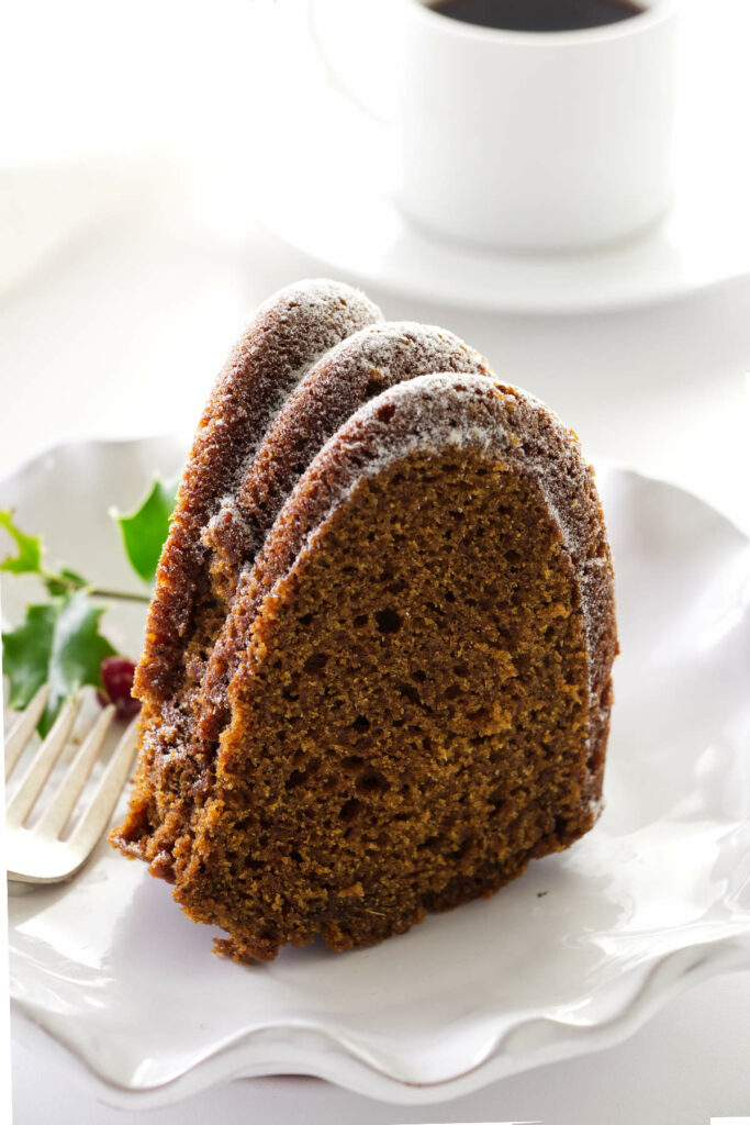 A plated slice of gingerbread bundt cake.