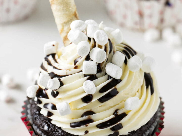 Chocolate cupcakes topped with white buttercream, mini marshmallows, chocolate drizzle, and a round cookie wafer.