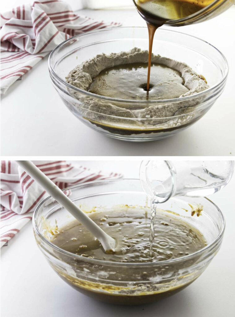 Upper photo: Adding the wet ingredients to the bowl of dry ingredients. Lower photo: Pouring water into the batter.