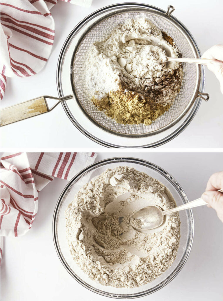 Upper photo: Sifting the cake dry ingredients. Lower photo: Dry ingredients in a bowl with a spoon making a well in the center.