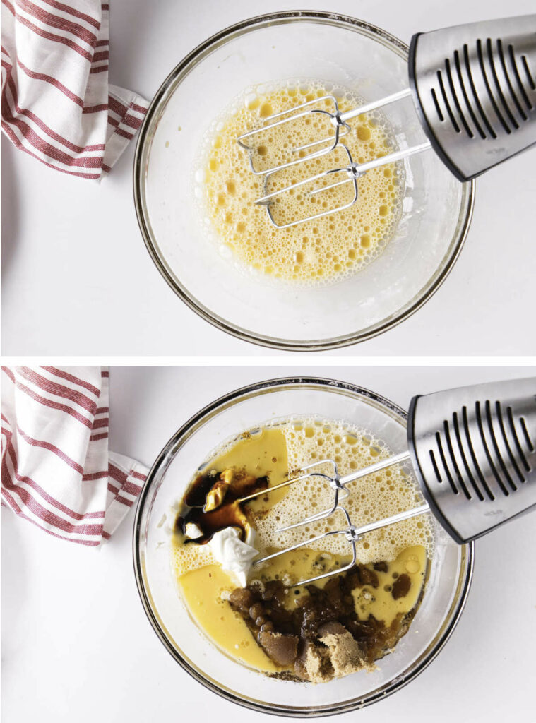 Upper photo: Eggs being beaten in a bowl with a hand mixer. Lower photo: Beating in the molasses, brown sugar sour cream and vanilla.