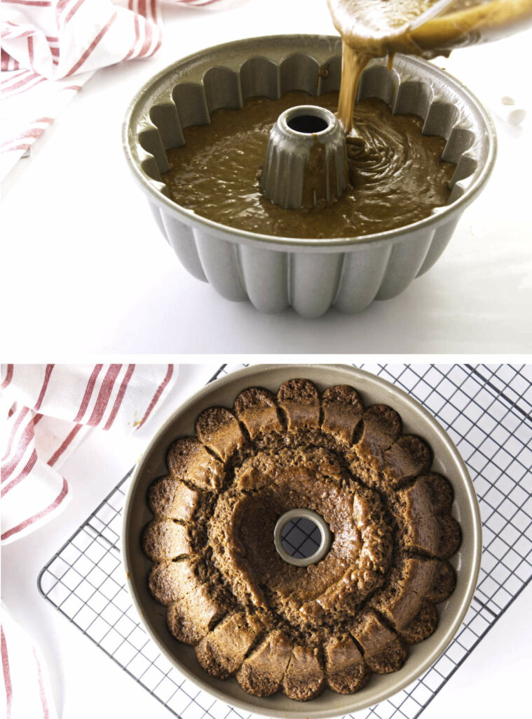 Upper photo: Batter being poured into a bundt pan. Lower photo: Baked bundt cake cooling on a wire rack.