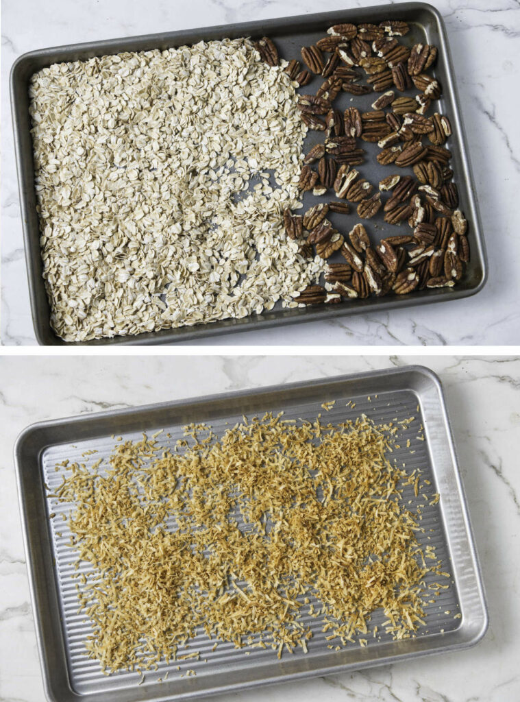 Toasting oats, pecans and coconut on sheet pans.
