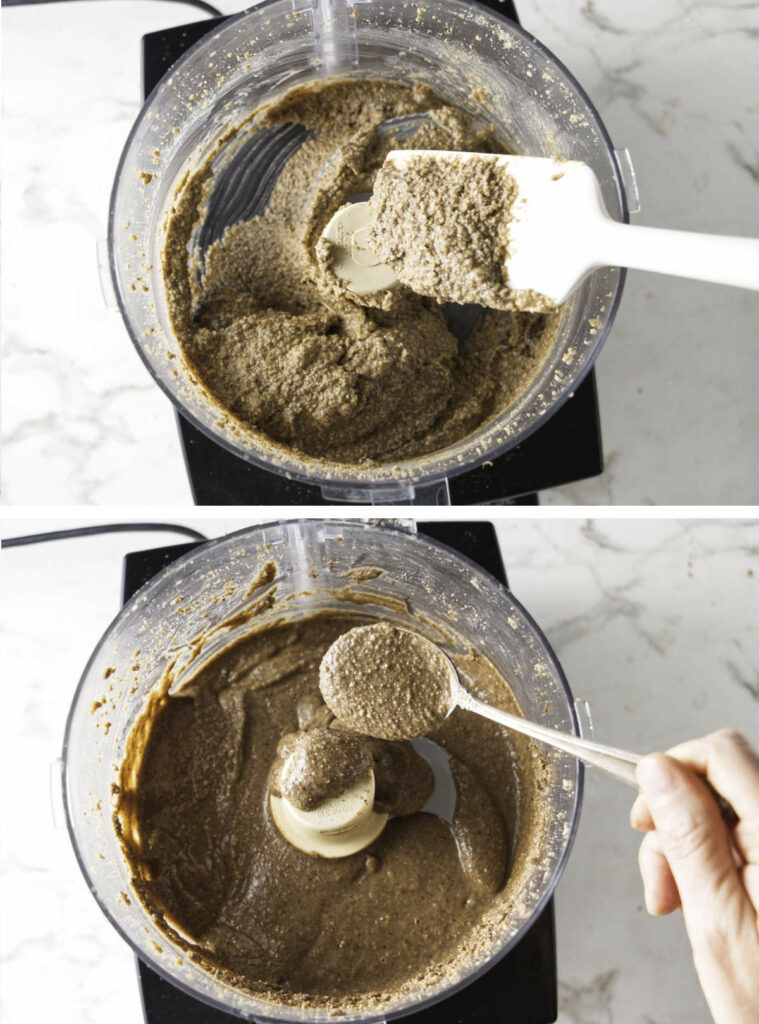 Top photo shows the mixture is still thick and chunky and the lower photo shows the mixture thin and spreadable.
