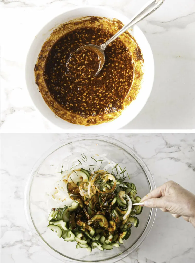 Mixing the dressing in the top photo and combining it with the salad in the bottom photo.
