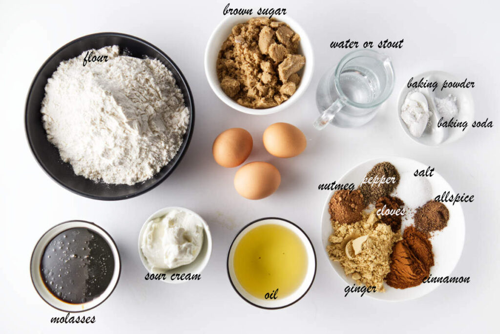 Ingredients for gingerbread bundt cake.