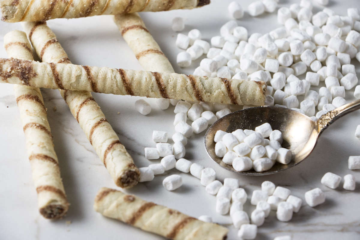 Rolled wafer cookies and miniature marshmallows.