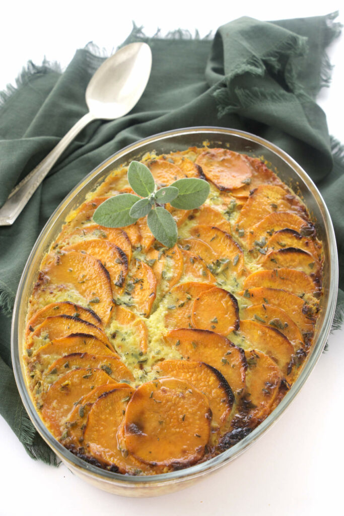 A sweet potato casserole in a baking dish.