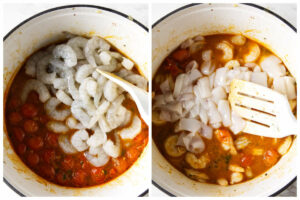 Cooking the shrimp then adding the squid.