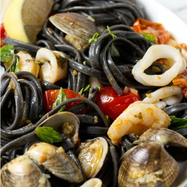 A bowl of seafood and black ink pasta.