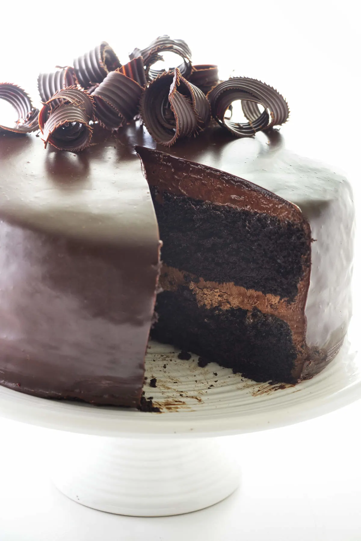 Chocolate Ganache Cake on a pedestal.