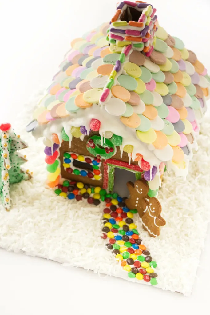A homemade gingerbread house decorated with candy.