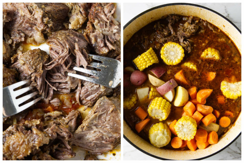 Shredding beef in one photo and adding the beef and vegetables back to the pot in the second photo.