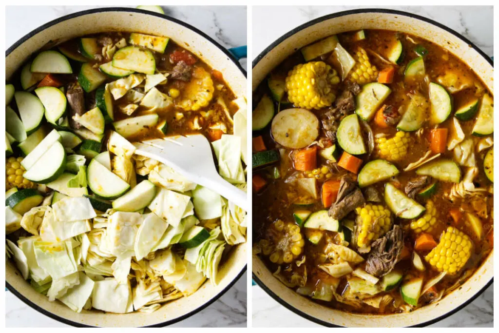 Adding zucchini and cabbage to the pot in the first photo and cooking the soup until the vegetables get tender in the second photo.