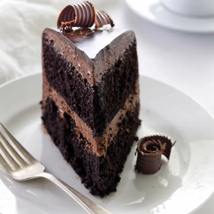 A slice of chocolate layer cake with ganache topping.