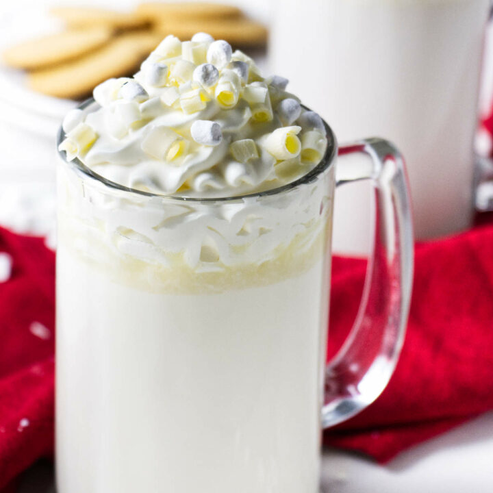 A glass mug filled with white hot chocolate.