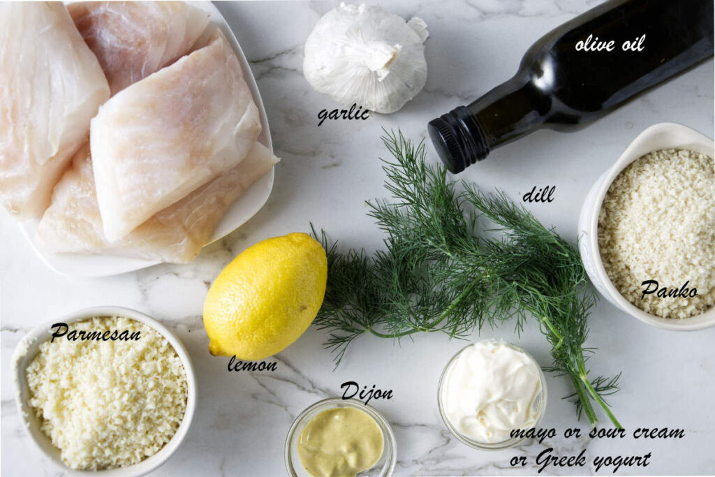 Haddock, garlic, olive oil, dill, panko, mayonnaise, dijon, parmesan cheese, and lemon.