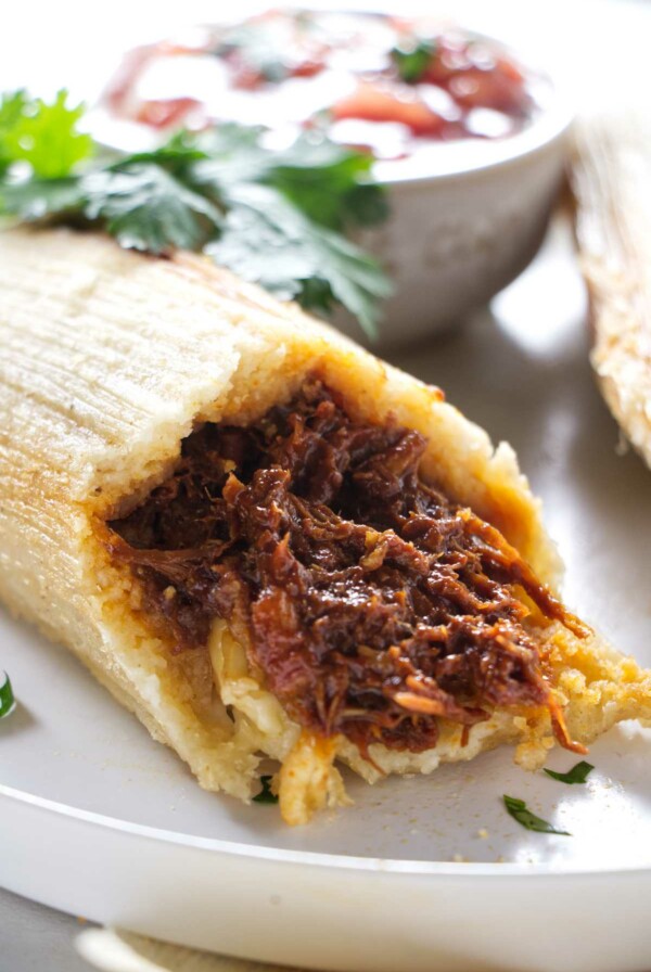 Pork filling in a tamale.
