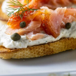 Smoked salmon on toast with cream cheese.