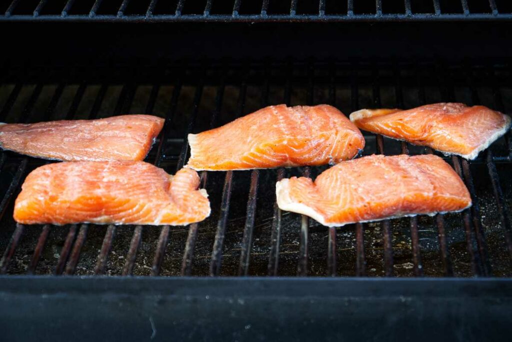 Salmon fillets on a Traeger grill.