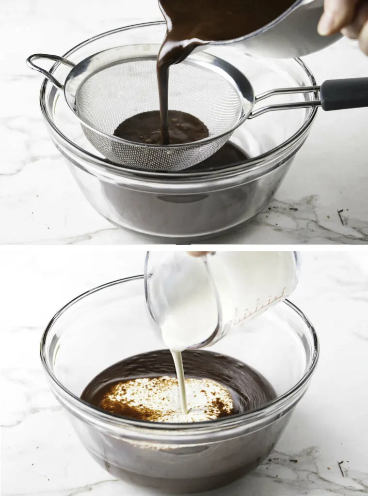 Pouring ice cream custard over a strainer and stirring in heavy cream and vanilla.
