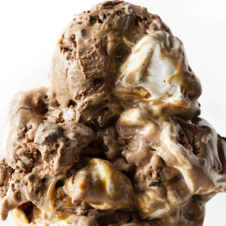 Three scoops of chocolate marshmallow ice cream.