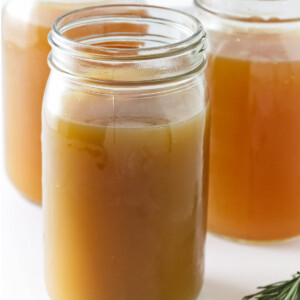 Chicken bone broth in mason jars.