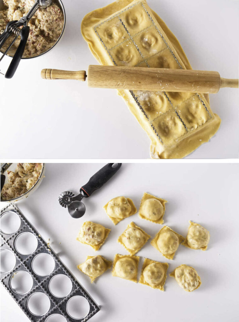 Pressing a pasta sheet over the lobster ravioli filling, then removing the ravioli from a mold.
