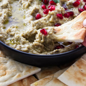 Dipping a pita chip in Lebanese baba ganoush.