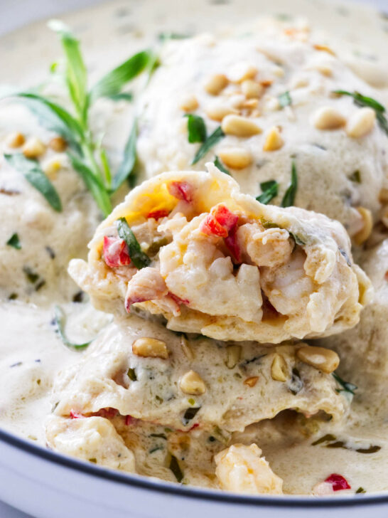 A ravioli with lobster filling.
