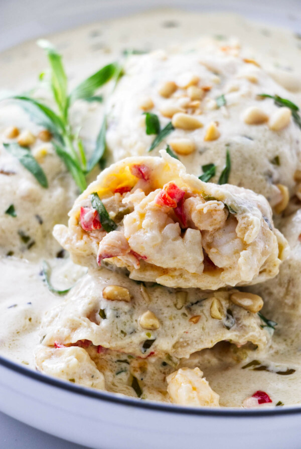 A ravioli with lobster filling.