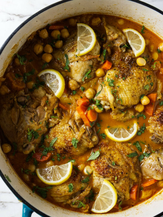 A pot of Moroccan chicken stew